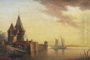 Hollandischer Hafen Mit Wehrturm. Abendstimmung by Elias Pieter van Bommel