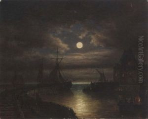 View Of A Harbour At Night by Elias Pieter van Bommel