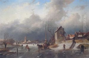 Eislaufer Auf Einem Kanal In Holland by Elias Pieter van Bommel