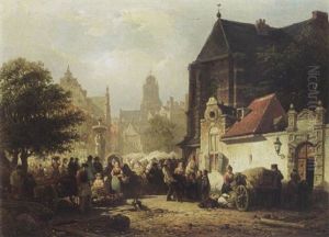 A Busy Market Day On Het Kerkplein In Zaltbommel With The Sint Maartens Chuch In Background by Elias Pieter van Bommel