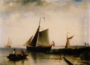Kustenlandschaft Mit Segelschiffen Und Figurenstaffage, Im Hintergrund Eine Stadt
