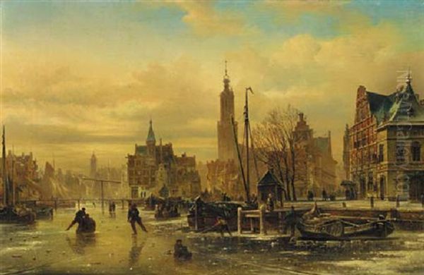 A Town In Winter With Skaters On A Frozen Canal - view 1