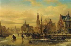 A Town In Winter With Skaters On A Frozen Canal by Elias Pieter van Bommel