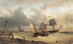 Stadt Am Meer Mit Segelschiffen Im Vordergrund by Elias Pieter van Bommel