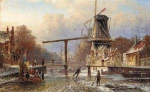 Figures Skating On A Frozen Canal, Windmills Beyond