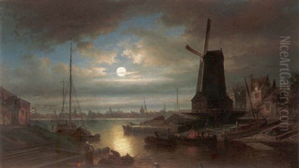 Nederlandse Stad Bij Maanlicht - view 1