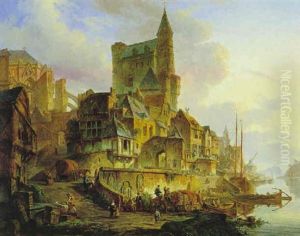 Ansicht Einer Stadt Mit Einer Gotischen Kathedrale Im Hintergrund