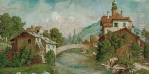 An Alpine River Landscape With Figures On A Bridge, A Woman Washing Clothes Before A Village by Elias Pieter van Bommel
