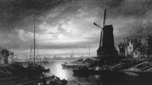 Hollandische Stadt Im Mondschein by Elias Pieter van Bommel