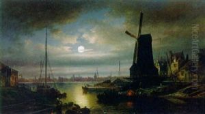 Mondschein Uber Hollandischem Hafen by Elias Pieter van Bommel