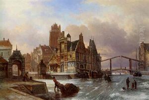 A View Of Dordrecht In Winter With Skaters On A Frozen Canal, The Groote Kerk Beyond