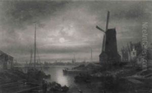 Hollandische Stadt Am Wasser Bei Mondlicht by Elias Pieter van Bommel