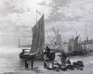 Fischer Bei Booten Am Hollandischen Strand by Elias Pieter van Bommel