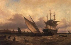 Dutch Vessels In A Breeze With The City Of Veere In The Distance