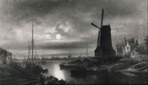 Hollandische Stadt Im Mondenschein by Elias Pieter van Bommel