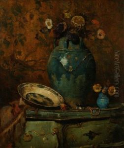 A Still Life Study Of Flowers In A Large Pottery Vase