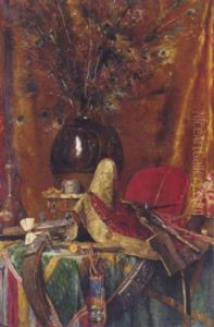 A Vase Of Peacock Feathers, Assorted Swords, A Pistol, A Saddle, And Other Orientalist Objects On A Table