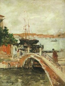 View Of A Port And Figures On A Foot-bridge