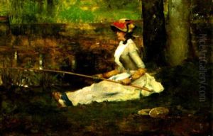 An Afternoon Of Fishing By A Riverbank by Maurice Bompard