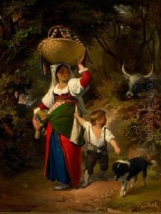 Italienerinde Med Dreng Og Hund I Landskab, I Baggrunden Okse