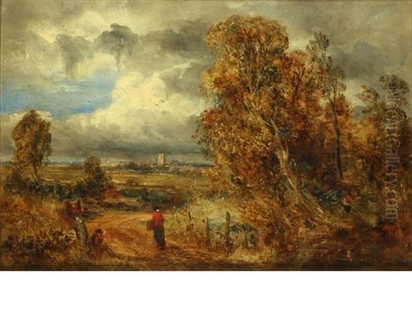 Figures On A Country Road, A Church Tower Beyond - view 1