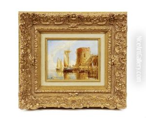 Sailing Barges Moored By A Circular Tower