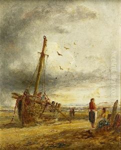 Fisherfolk By A Beached Boat