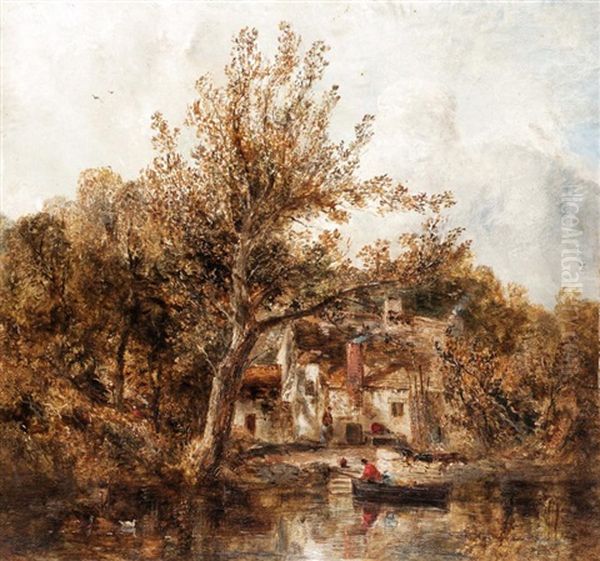 River Scene With A Rowing Boat Near A Cottage - view 1