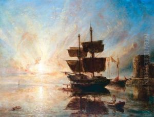 Ship In Harbour At Sunset