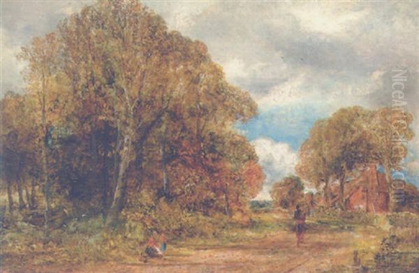 Figures On A Country Track With A Cottage Beyond - view 1
