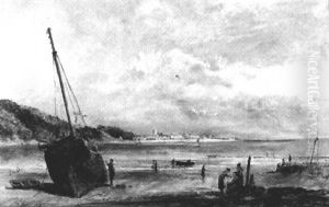 Belebter Strand Mit Segelschiff by William Joseph J. C. Bond