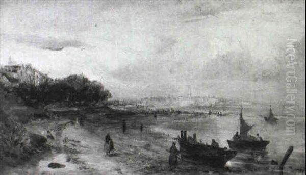 Figures And Boats On The Coast Before A Town - view 1