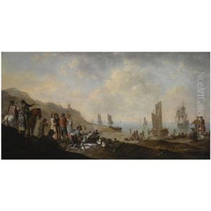A Beach Scene With Fishermen Unloading The Catch, Two Horsemen Conversing To The Left by Jan De Bondt