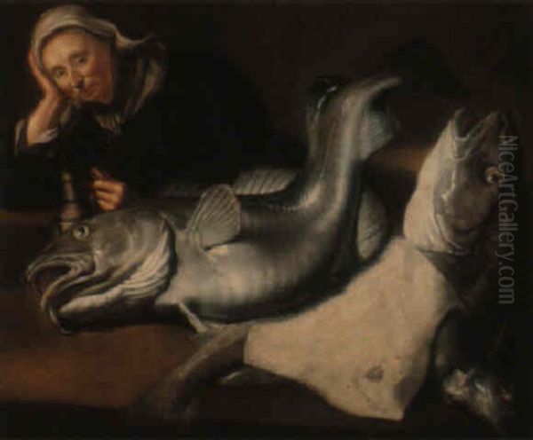 A Woman Seated Besiode A Table Laden With Fish - view 1