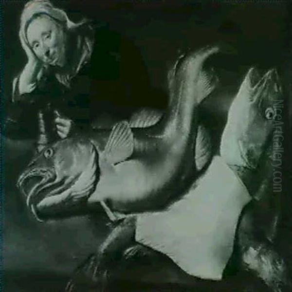 An Elderly Woman Beside A Table Laden With Fish - view 1