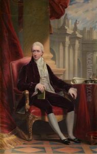 Portrait Miniature Of A Gentleman, Wearing A Purple Velvet Jacket And Breeches, Sitting In A Leather And Giltwood Armchair, An Inkstand And Papers At His Side, Classical Buildings Beyond