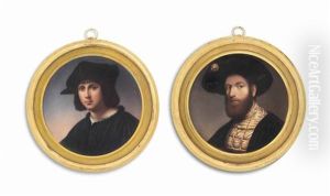 Two Miniatures: Marcantonio Raimondi (c.1480- C.1534), In Fur-trimmed Black Doublet Over White Chemise And Black Beret; Together With, Caesar Borgia, Duke Of Valentinois (1475-1507), In Gold Embroidered Silk Doublet, Black Cloak And Wide-brimmed Hat Set W by Henry Bone
