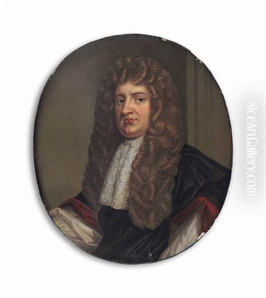 William Lord Russell (1639-1683) Wearing Long Curling Brown Wig, White Lace Jabot And Black Cloak With Red Lining Over White Shirt - view 1