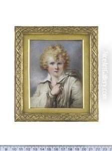 The Little Man Of Kent, Wearing White Open Chemise, Supporting A Fern Green Saddle Bag On His Back With His Right Hand, His Blond Curling Hair Worn Loose (after Ozias Humphry)