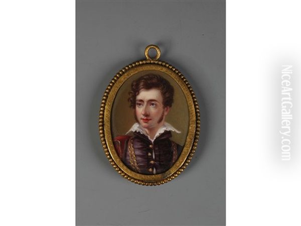 Comte Victor Louis Alfred De Vaudreuil (1798-1834), Wearing Purple Doublet With Gold Buttons, White Chemise With Lace Trim To The Collar - view 1