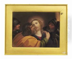The Betrayal Of Christ: Christ, In Red And Blue Robes, Embraced By Judas, In Green And Gold Robes, Being Led Away By Soldiers In Armour, One Carrying A Torch by Henry Bone