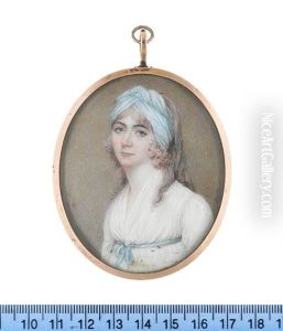 A Lady Of The Temple Family, Wearing White Dress, A Sky Blue Ribbon At Her Empire Line And Matching Bandeau In Her Loose Hair