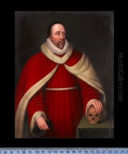 Edward Coke, Wearing White Fur Trimmed Red Robes, Ruff And Black Cap, He Holds His Gloves In His Right Hand, His Left Hand Resting On A Skull