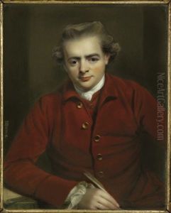 John Gawler, In Red Jacket And Waistcoat With Gold Buttons, Fine Linen Shirt, Knotted Cravat, Holding A Quill In His Right Hand And Resting His Arm On A Book Positioned Upon A Table