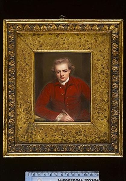 John Gawler Wearing Red Coat With Gold Buttons, Red Waistcoat, White Chemise And Tied Cravat, Leaning On A Book Placed Upon A Table And Holding A Quill - view 1