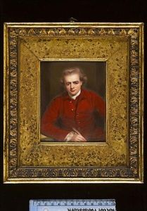 John Gawler Wearing Red Coat With Gold Buttons, Red Waistcoat, White Chemise And Tied Cravat, Leaning On A Book Placed Upon A Table And Holding A Quill