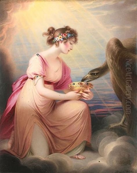 Frances, Lady Burrell As Hebe, Wearing Pink Classical Robes, Strand Of Pearls Hanging From A Jewelled Armlet And Flowers In Her Hair, Feeding Jupiter's Eagle From A Gilded An Bejewelled Dish - view 1