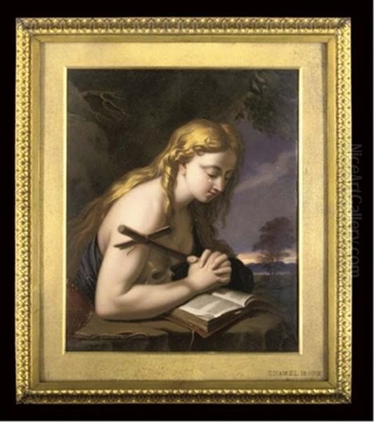Mary Magdalene, In Prayer At A Rock Reading The Bible, Her Hands Clasping A Crucifix, A Skull Tucked Under Her Right Arm, An Incense Burner Beside Her; Wearing A Blue Dress, Long Fair Curling Hair - view 1