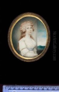 A Lady Wearing White Dress With Pale Blue Waistband And Strand Of Pearls Around The Sleeve, Her Hair Powdered, She Sits Before An Open Window