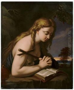 Mary Magdalene, In Prayer At A Rock Reading The Bible And Weeping, Her Hands Clasped Together, Holding A Wooden Crucifix, A Skull Tucked Under Her Right Arm, An Incense Burner Beside Her On The Rock by Henry Bone